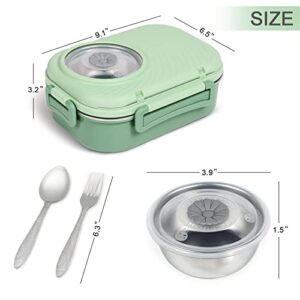 Puraville Stainless Steel Bento Lunch Box for Kids and Adults,Stackable BPA-Free Food Containers with 3 Compartments and Reusable Sauce Bowl, Fork and Spoon, (1000ml/34oz,Green)