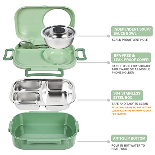 Puraville Stainless Steel Bento Lunch Box for Kids and Adults,Stackable BPA-Free Food Containers with 3 Compartments and Reusable Sauce Bowl, Fork and Spoon, (1000ml/34oz,Green)