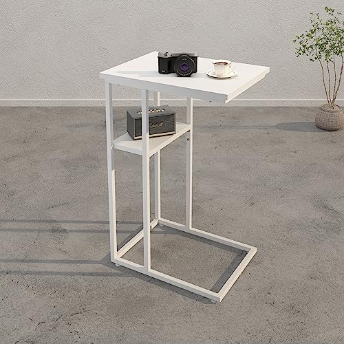 Innerjoin C Shaped End Table, Side Table with Metal Frame, TV Tray Table for Couch, Sofa Table for Living Room Bedroom, Bedside, Rustic Vintage Style, White