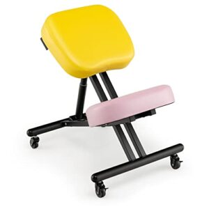 giantex height adjustable kneeling chair - seat height from 20.5” to 26.5”, adjustable stool with smooth wheels, foam padded cushions, ergonomic kneeling chair for office, home, yellow/pink