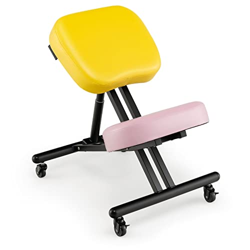 Giantex Height Adjustable Kneeling Chair - Seat Height from 20.5” to 26.5”, Adjustable Stool with Smooth Wheels, Foam Padded Cushions, Ergonomic Kneeling Chair for Office, Home, Yellow/Pink