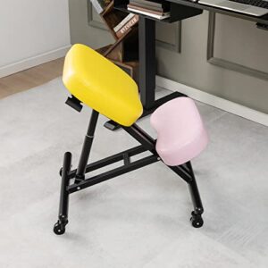 Giantex Height Adjustable Kneeling Chair - Seat Height from 20.5” to 26.5”, Adjustable Stool with Smooth Wheels, Foam Padded Cushions, Ergonomic Kneeling Chair for Office, Home, Yellow/Pink