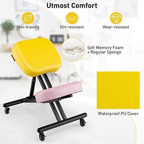 Giantex Height Adjustable Kneeling Chair - Seat Height from 20.5” to 26.5”, Adjustable Stool with Smooth Wheels, Foam Padded Cushions, Ergonomic Kneeling Chair for Office, Home, Yellow/Pink
