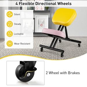 Giantex Height Adjustable Kneeling Chair - Seat Height from 20.5” to 26.5”, Adjustable Stool with Smooth Wheels, Foam Padded Cushions, Ergonomic Kneeling Chair for Office, Home, Yellow/Pink