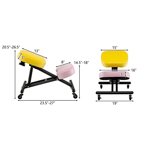 Giantex Height Adjustable Kneeling Chair - Seat Height from 20.5” to 26.5”, Adjustable Stool with Smooth Wheels, Foam Padded Cushions, Ergonomic Kneeling Chair for Office, Home, Yellow/Pink