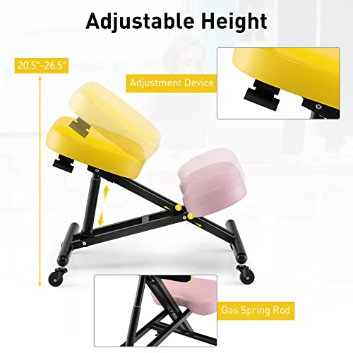 Giantex Height Adjustable Kneeling Chair - Seat Height from 20.5” to 26.5”, Adjustable Stool with Smooth Wheels, Foam Padded Cushions, Ergonomic Kneeling Chair for Office, Home, Yellow/Pink