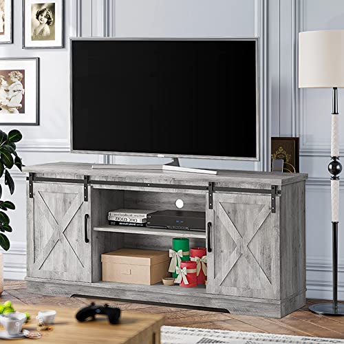 IDEALHOUSE Farmhouse TV Stand for 65 Inch TV, Entertainment Center TV Media Console Table, Tall TV Stand with Barn Doors, Storage and Shelves, Grey Modern TV Console Cabinet Furniture for Living Room