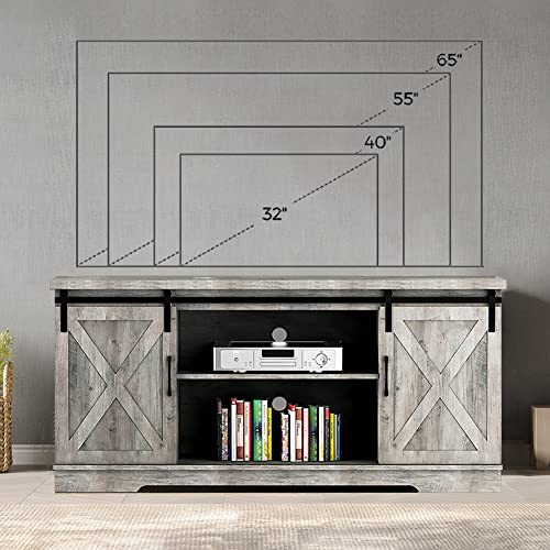 IDEALHOUSE Farmhouse TV Stand for 65 Inch TV, Entertainment Center TV Media Console Table, Tall TV Stand with Barn Doors, Storage and Shelves, Grey Modern TV Console Cabinet Furniture for Living Room