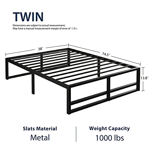 Vellieve Twin Bed Frame 14” Metal Platform Bed with Storage, Heavy Duty Steel Slats Support, 1000 lbs Weight Capacity, No Box Spring Needed, Noise Free, Non-Slip, Easy Assembly, Black