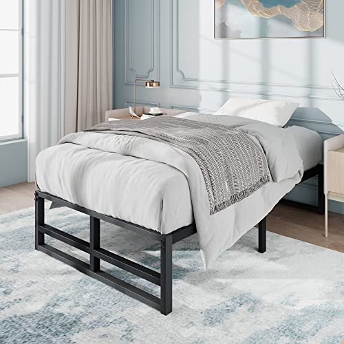 Vellieve Twin Bed Frame 14” Metal Platform Bed with Storage, Heavy Duty Steel Slats Support, 1000 lbs Weight Capacity, No Box Spring Needed, Noise Free, Non-Slip, Easy Assembly, Black