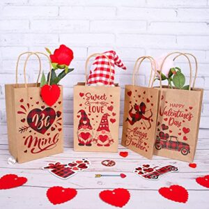 Whaline 24 Pack Valentine's Day Kraft Paper Gift Bags with Handle Red Black Buffalo Plaid Party Favor Bags with Tag and Cotton Rope for Gift Wrapping Wedding Anniversary Party Supplies, 4 Design