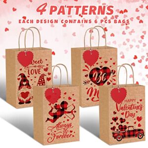 Whaline 24 Pack Valentine's Day Kraft Paper Gift Bags with Handle Red Black Buffalo Plaid Party Favor Bags with Tag and Cotton Rope for Gift Wrapping Wedding Anniversary Party Supplies, 4 Design