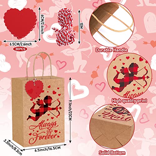 Whaline 24 Pack Valentine's Day Kraft Paper Gift Bags with Handle Red Black Buffalo Plaid Party Favor Bags with Tag and Cotton Rope for Gift Wrapping Wedding Anniversary Party Supplies, 4 Design