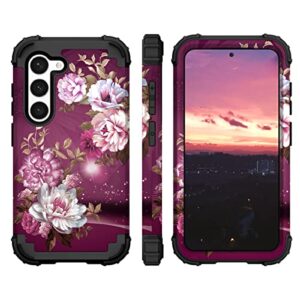 Hocase for Galaxy S23 Case, Shockproof Heavy Duty Protection Soft Silicone Rubber Bumper+Hard Plastic Hybrid Protective Case for Samsung Galaxy S23 (6.1" Display) 2023 - Royal Purple Flowers