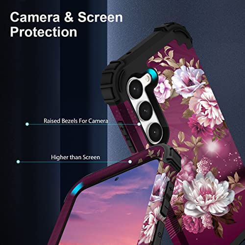 Hocase for Galaxy S23 Case, Shockproof Heavy Duty Protection Soft Silicone Rubber Bumper+Hard Plastic Hybrid Protective Case for Samsung Galaxy S23 (6.1" Display) 2023 - Royal Purple Flowers