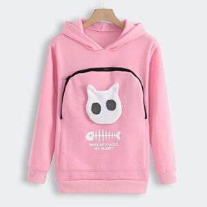 Women's Kitten Print Teen Hoodies Whdcaptiyated My Heart Solid Sweatshirts Cat Pouch Zipper Pet Carrier Sweatshirt Pink