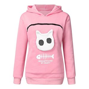 Women's Kitten Print Teen Hoodies Whdcaptiyated My Heart Solid Sweatshirts Cat Pouch Zipper Pet Carrier Sweatshirt Pink