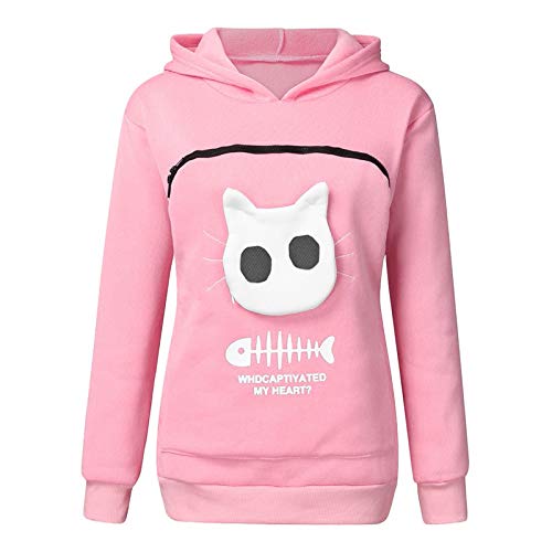 Women's Kitten Print Teen Hoodies Whdcaptiyated My Heart Solid Sweatshirts Cat Pouch Zipper Pet Carrier Sweatshirt Pink