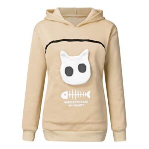 women's zipper hoodies aesthetic whdcaptiyated my heart solid sweatshirts pet carrier hoodie kitten print cat pouch beige
