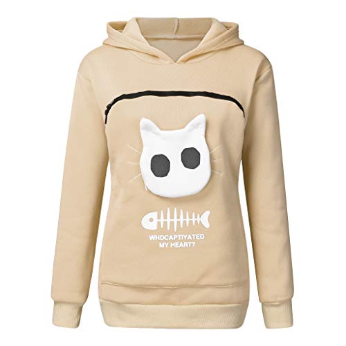 Women's Zipper Hoodies Aesthetic Whdcaptiyated My Heart Solid Sweatshirts Pet Carrier Hoodie Kitten Print Cat Pouch Beige