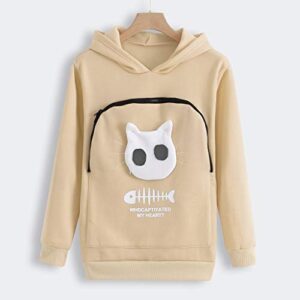 Women's Zipper Hoodies Aesthetic Whdcaptiyated My Heart Solid Sweatshirts Pet Carrier Hoodie Kitten Print Cat Pouch Beige