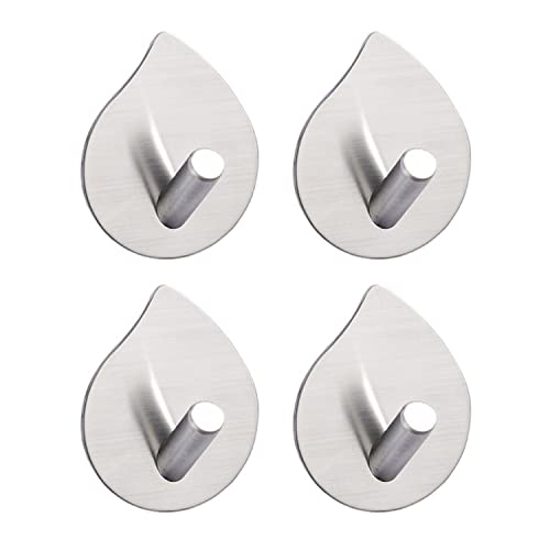 MISTHO Heavy Duty Adhesive Hooks Teardrop Shaped Stainless Steel Waterproof Hooks Adhesive Wall Hooks Towel Coat Key Hanger Hooks Kitchen Bathroom Home 4 Pack (Silver, Oblique)