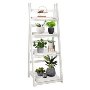 babion ladder shelf, 4-tier ladder bookshelf, white bookcase with shelves, storage rack plant stand for home, bedroom, bathroom,office, 16 x 14 x 44 inch, industrial style, wooden frame
