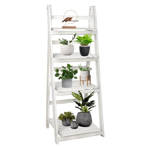 Babion Ladder Shelf, 4-Tier Ladder Bookshelf, White Bookcase with Shelves, Storage Rack Plant Stand for Home, Bedroom, Bathroom,Office, 16 x 14 x 44 Inch, Industrial Style, Wooden Frame