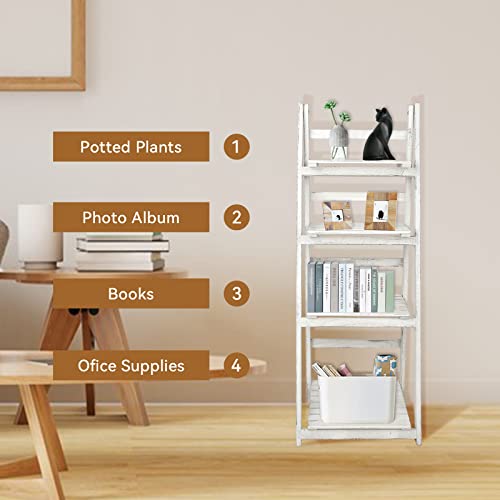 Babion Ladder Shelf, 4-Tier Ladder Bookshelf, White Bookcase with Shelves, Storage Rack Plant Stand for Home, Bedroom, Bathroom,Office, 16 x 14 x 44 Inch, Industrial Style, Wooden Frame