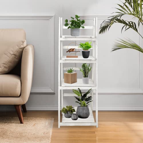 Babion Ladder Shelf, 4-Tier Ladder Bookshelf, White Bookcase with Shelves, Storage Rack Plant Stand for Home, Bedroom, Bathroom,Office, 16 x 14 x 44 Inch, Industrial Style, Wooden Frame