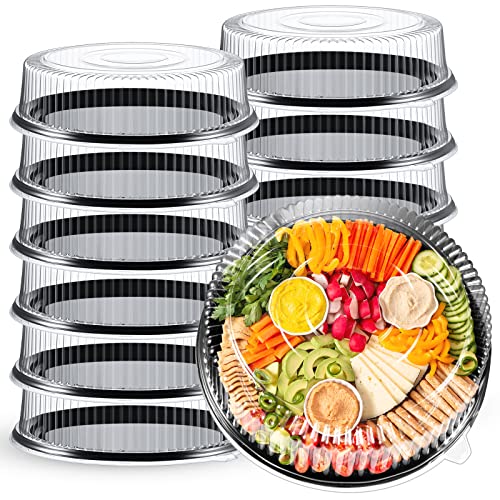 12 Pieces Serving Trays with Lid 18 Inch Plastic Party Platters with Lids Heavy Duty Black Round Food Tray Large Stackable Plastic Catering Trays for Serving Appetizers Veggie Takeout Food Picnic