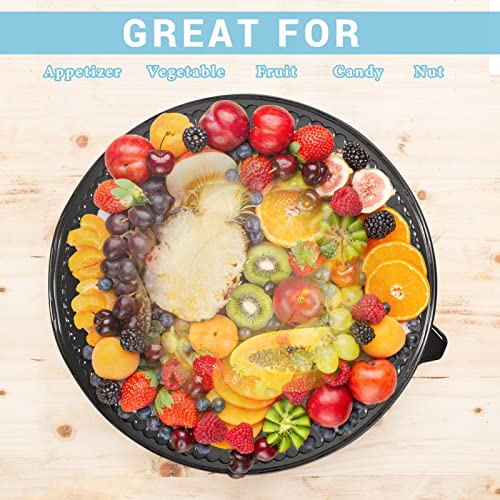 12 Pieces Serving Trays with Lid 18 Inch Plastic Party Platters with Lids Heavy Duty Black Round Food Tray Large Stackable Plastic Catering Trays for Serving Appetizers Veggie Takeout Food Picnic