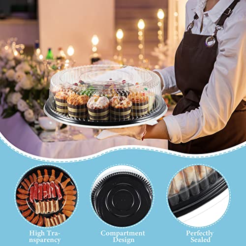 12 Pieces Serving Trays with Lid 18 Inch Plastic Party Platters with Lids Heavy Duty Black Round Food Tray Large Stackable Plastic Catering Trays for Serving Appetizers Veggie Takeout Food Picnic