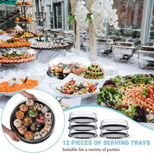 12 Pieces Serving Trays with Lid 18 Inch Plastic Party Platters with Lids Heavy Duty Black Round Food Tray Large Stackable Plastic Catering Trays for Serving Appetizers Veggie Takeout Food Picnic