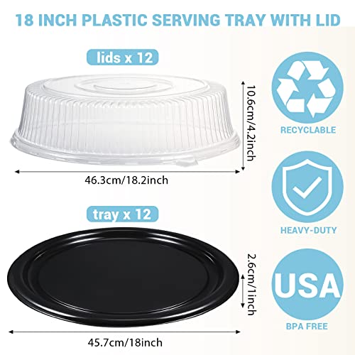 12 Pieces Serving Trays with Lid 18 Inch Plastic Party Platters with Lids Heavy Duty Black Round Food Tray Large Stackable Plastic Catering Trays for Serving Appetizers Veggie Takeout Food Picnic