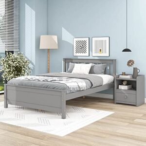cjlmn 2-pieces bedroom sets with full size platform bed frame and nightstand, wooden furniture sets with headboard, footboard and storage drawer, for kids & teens (gray)