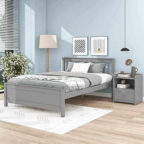 CJLMN 2-Pieces Bedroom Sets with Full Size Platform Bed Frame and Nightstand, Wooden Furniture Sets with Headboard, Footboard and Storage Drawer, for Kids & Teens (Gray)