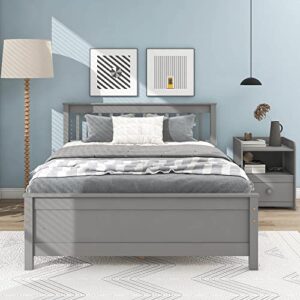 CJLMN 2-Pieces Bedroom Sets with Full Size Platform Bed Frame and Nightstand, Wooden Furniture Sets with Headboard, Footboard and Storage Drawer, for Kids & Teens (Gray)