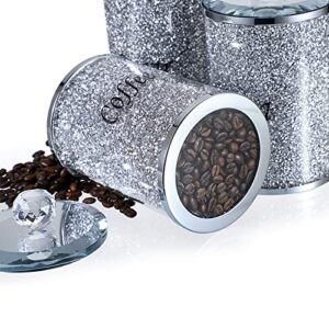 JUXYES Set of 3 Sparky Glass Crushed Diamonds Canisters Set for Sugar Coffee Tea, Luxurious Diamond Style Storage Containers Sets with Lids Decorative Storage Pots for Kitchen Counter Dining Room