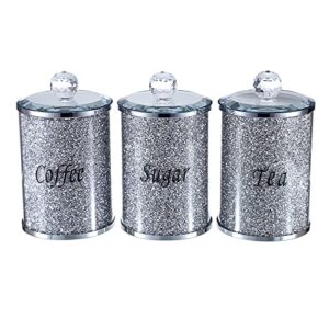 juxyes set of 3 sparky glass crushed diamonds canisters set for sugar coffee tea, luxurious diamond style storage containers sets with lids decorative storage pots for kitchen counter dining room