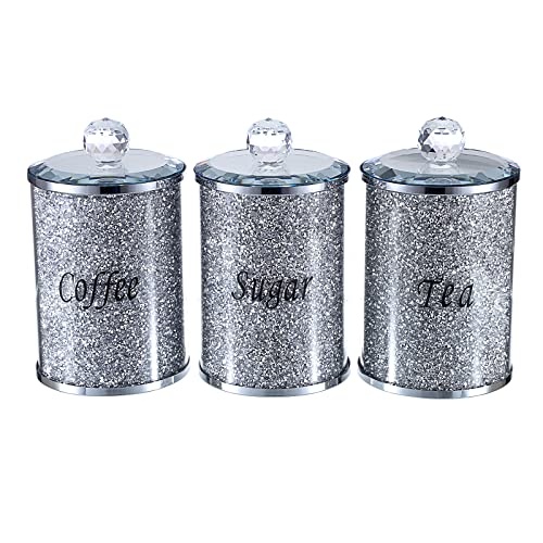 JUXYES Set of 3 Sparky Glass Crushed Diamonds Canisters Set for Sugar Coffee Tea, Luxurious Diamond Style Storage Containers Sets with Lids Decorative Storage Pots for Kitchen Counter Dining Room