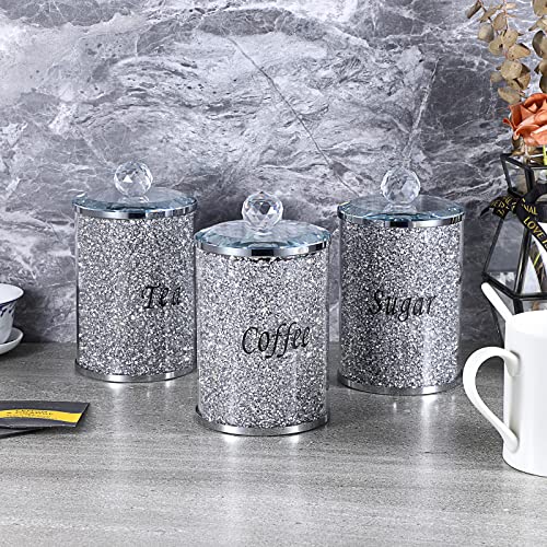 JUXYES Set of 3 Sparky Glass Crushed Diamonds Canisters Set for Sugar Coffee Tea, Luxurious Diamond Style Storage Containers Sets with Lids Decorative Storage Pots for Kitchen Counter Dining Room