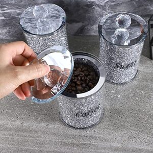 JUXYES Set of 3 Sparky Glass Crushed Diamonds Canisters Set for Sugar Coffee Tea, Luxurious Diamond Style Storage Containers Sets with Lids Decorative Storage Pots for Kitchen Counter Dining Room