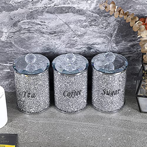 JUXYES Set of 3 Sparky Glass Crushed Diamonds Canisters Set for Sugar Coffee Tea, Luxurious Diamond Style Storage Containers Sets with Lids Decorative Storage Pots for Kitchen Counter Dining Room