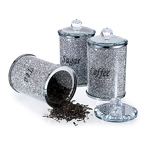 JUXYES Set of 3 Sparky Glass Crushed Diamonds Canisters Set for Sugar Coffee Tea, Luxurious Diamond Style Storage Containers Sets with Lids Decorative Storage Pots for Kitchen Counter Dining Room