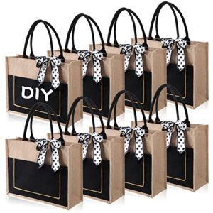 8 pcs large burlap tote bags with handles jute bridesmaid gift tote with ribbons and front pocket 16.54 x 12.6 x 5.51 inches blank diy shopping bags bulk for women beach wedding picnic work travels