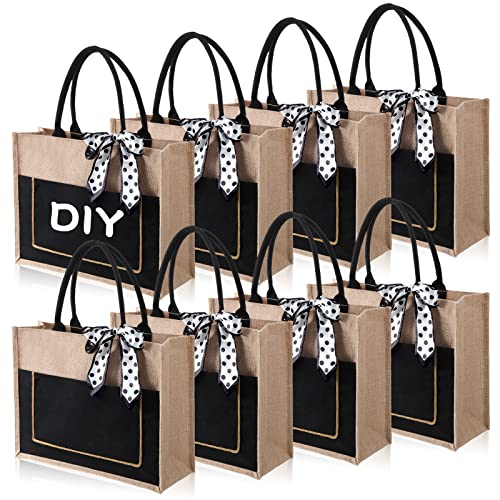 8 Pcs Large Burlap Tote Bags with Handles Jute Bridesmaid Gift Tote with Ribbons and Front Pocket 16.54 x 12.6 x 5.51 Inches Blank DIY Shopping Bags Bulk for Women Beach Wedding Picnic Work Travels