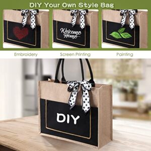 8 Pcs Large Burlap Tote Bags with Handles Jute Bridesmaid Gift Tote with Ribbons and Front Pocket 16.54 x 12.6 x 5.51 Inches Blank DIY Shopping Bags Bulk for Women Beach Wedding Picnic Work Travels