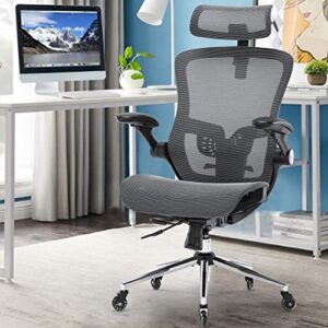 Ergonomic Mesh Office Chair, Home Office Desk Chairs with Adjustable Backrest, High Back Computer Desk Chair with Adjustable Headrest and Flip-Up Arms, Swivel Task Chair (Grey)