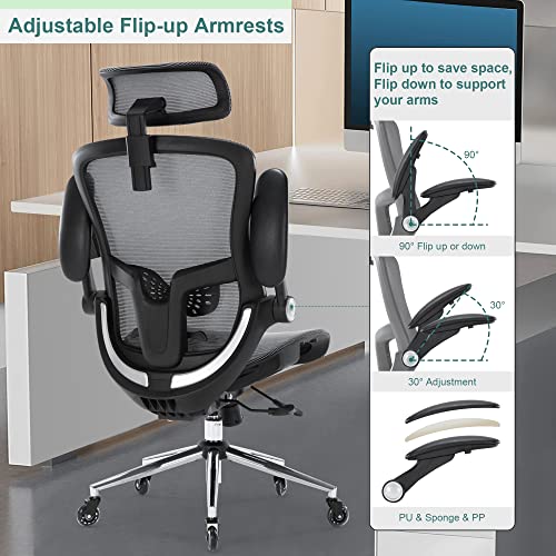 Ergonomic Mesh Office Chair, Home Office Desk Chairs with Adjustable Backrest, High Back Computer Desk Chair with Adjustable Headrest and Flip-Up Arms, Swivel Task Chair (Grey)